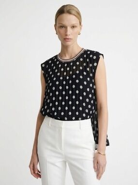 NWT Daniel Rainn Accordion Pleated Allover Polkadot Cap Sleeve Crew Neck Blouse